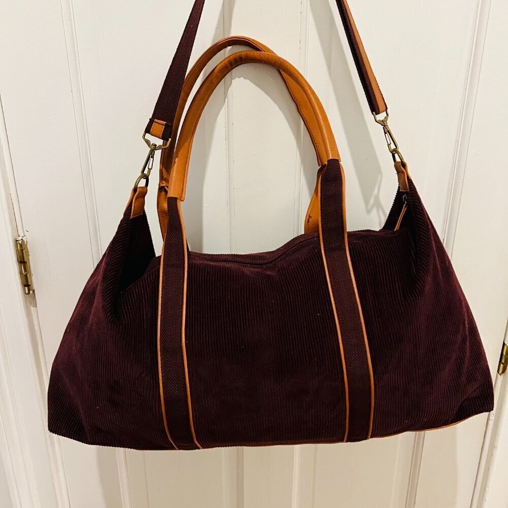 Vintage 80's 90's Corduroy and Leather Large Duffle Bag
